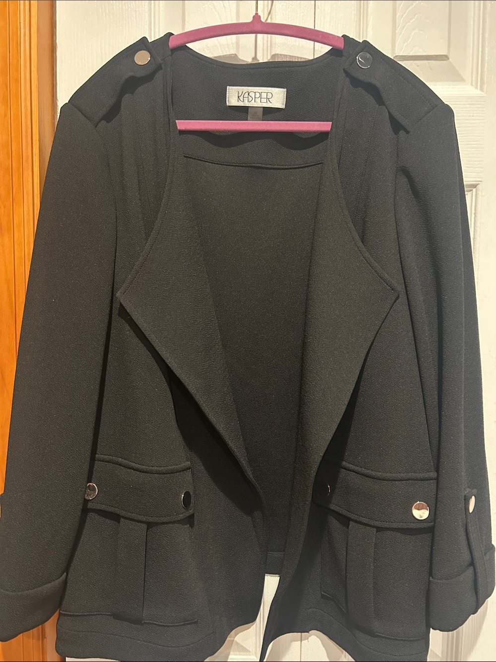 Kasper Black Open-Front Trench Coat with Button Accents